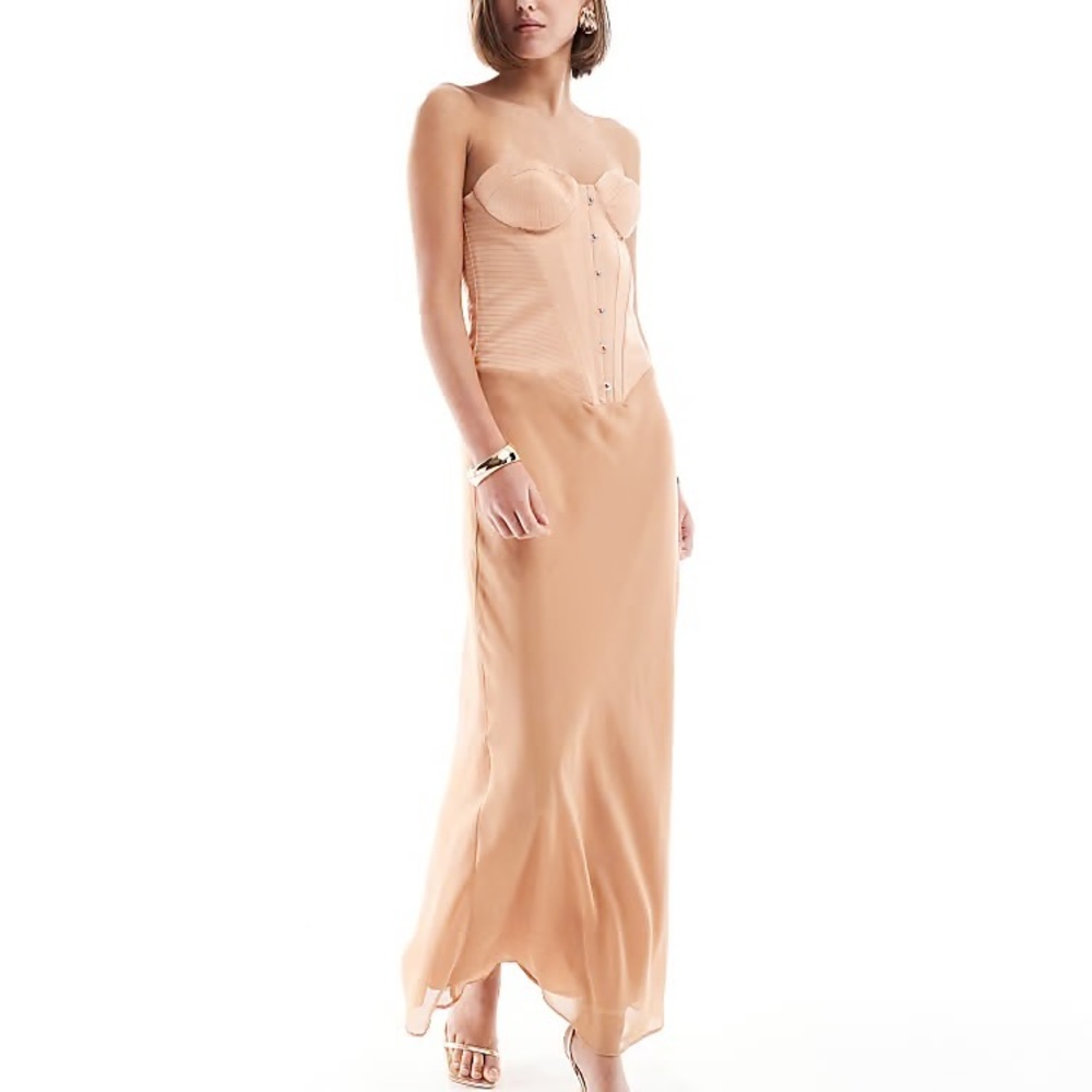 ASOS DESIGN satin corset chiffon skirt maxi dress in peachy nude